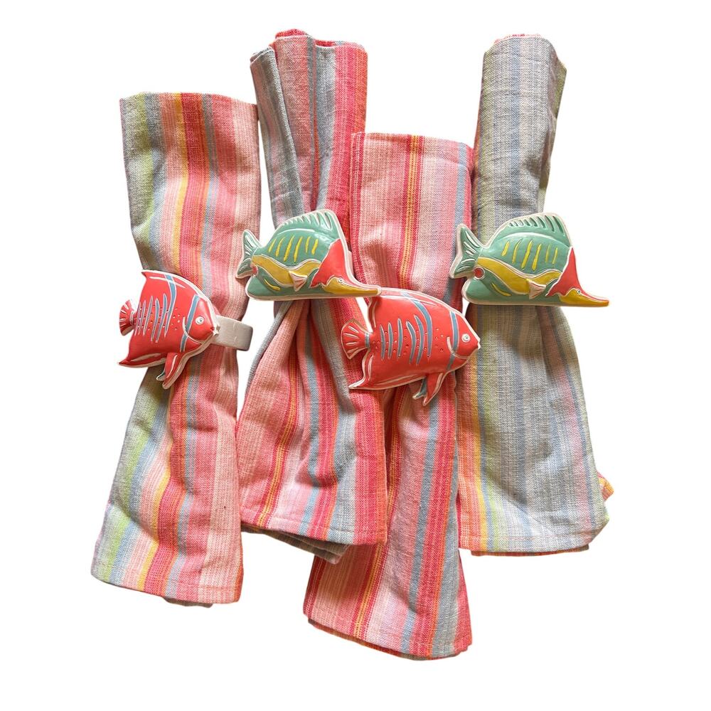 Vintage striped pastel cloth napkins w/ tropical fish napkin rings beach party
